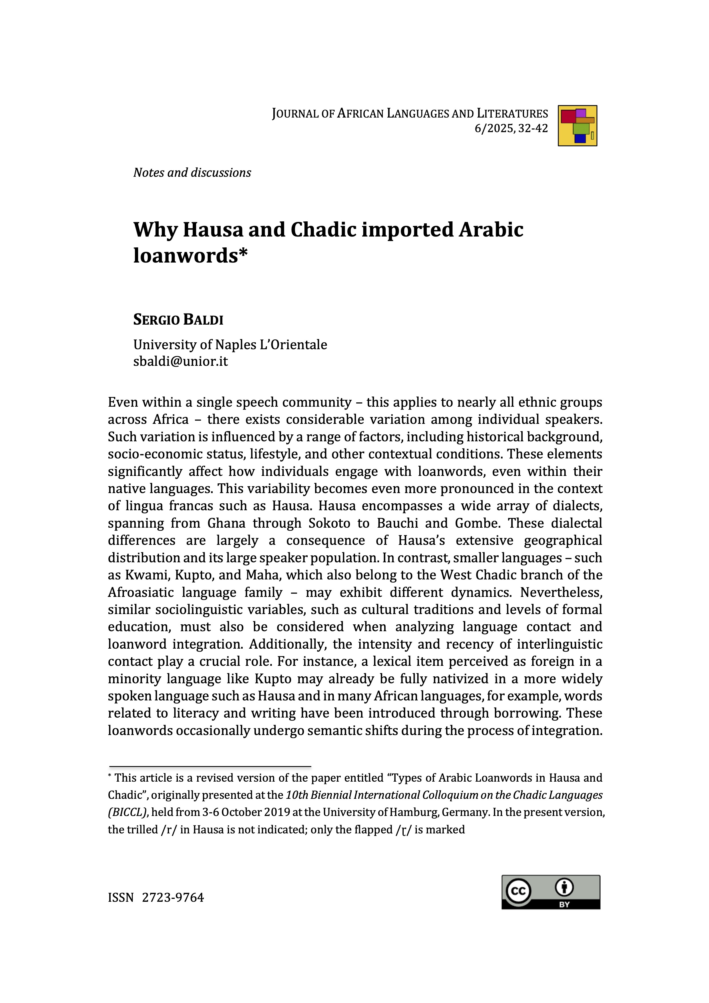 "Why Hausa and Chadic imported Arabic loanwords" by Sergio Baldi